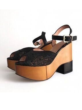 Robert Clergerie Paris Raffia Leather Wood Platform Heel Sandals Size 37|US 6